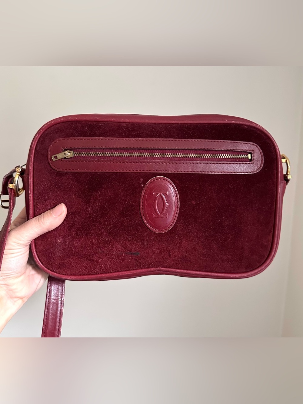 Vintage Cartier Paris Crossbody Purse - Burgundy Red Suede Leather Bag - READ